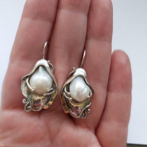 Hadar Designers 9k Yellow Gold Sterling Silver White Pearl Earrings (ms 328)