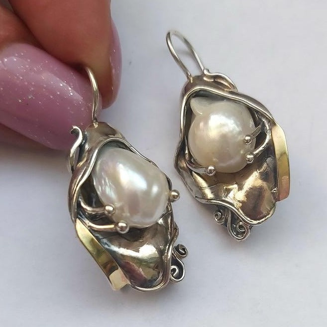 Hadar Designers 9k Yellow Gold Sterling Silver White Pearl Earrings (ms 328)