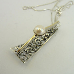 Hadar Designers Pearl Pendant Filigree 9k Gold 925 Silver Handmade (SM)y