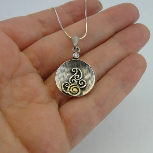 Hadar Designers spiral white zircon pendant 9k yellow gold sterling silver (ms)