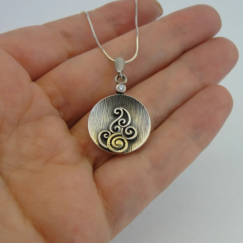 Hadar Designers spiral white zircon pendant 9k yellow gold sterling silver (ms)