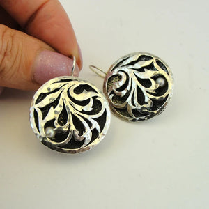Hadar Designers white pearl earrings 925 sterling silver handmade (ms 591)