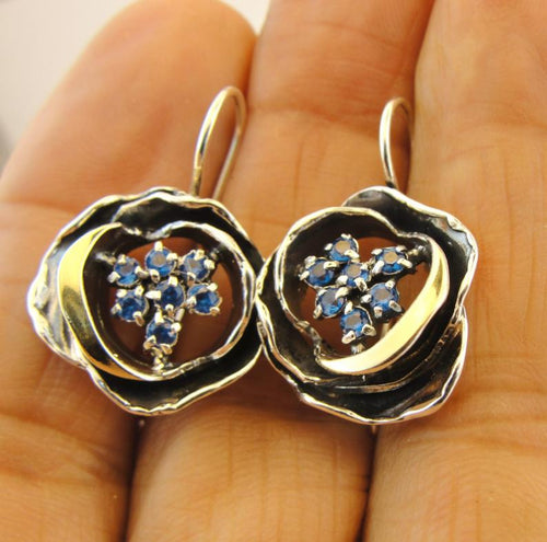Hadar Designers 9k Yellow Gold Blue Topaz Z Earrings Sterling Silver Handmade(MS