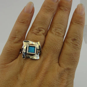 Hadar Designers Blue Opal Ring size 8 Handmade 9k Yellow Gold 925 Silver (MS 351