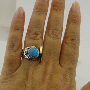 Hadar Designers Ring Blue Topaz 9k Yellow Gold 925 Silver 6,7,8,9 Handmade (ms)
