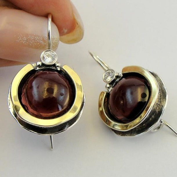 Hadar Designers 9k Yellow Gold 925 Silver Red Garnet Earrings Handmade (ms 958)