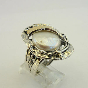 Hadar Designers White Pearl Ring 9k Yellow Gold 925 Silver sz 7,8,9,10 (S 1699)