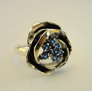Hadar Designers 9k Yellow Gold Blue Topaz CZ Ring Sterling Silver Handmade (MS