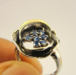 Hadar Designers 9k Yellow Gold Blue Topaz CZ Ring Sterling Silver Handmade (MS
