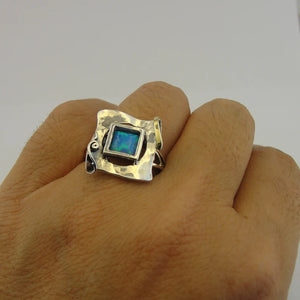 Hadar Designers Blue Opal Ring size 8 Handmade 9k Yellow Gold 925 Silver (MS 351