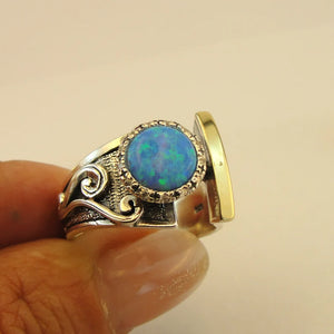 Hadar Designers Ring Blue Topaz 9k Yellow Gold 925 Silver 6,7,8,9 Handmade (ms)