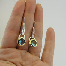 Load image into Gallery viewer, Hadar Designers Blue Topaz CZ 9k Yellow Gold 925 Silver Earrings Handmade (MS)