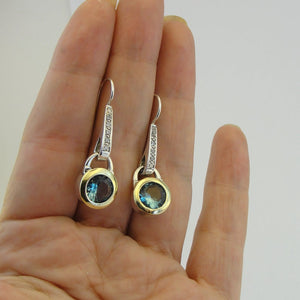 Hadar Designers Blue Topaz CZ 9k Yellow Gold 925 Silver Earrings Handmade (MS)