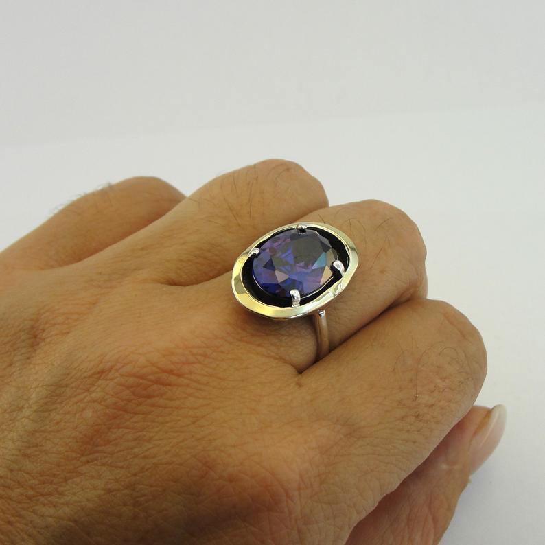 Hadar Designers Amethyst CZ 9k Yellow Gold 925 Silver Ring, MS