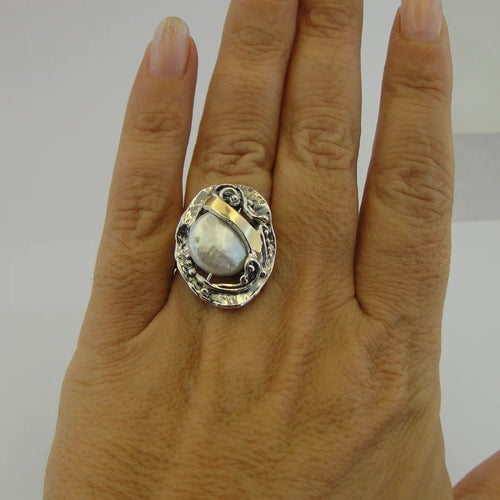 Hadar Designers White Pearl Ring 9k Yellow Gold 925 Silver  (S 1699)