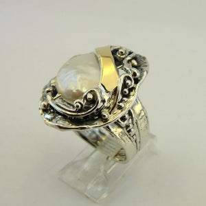 Hadar Designers White Pearl Ring 9k Yellow Gold 925 Silver sz 7,8,9,10 (S 1699)