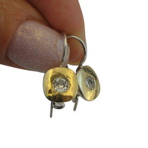 Hadar Designers White Zircon 9k Yellow Gold Sterling Silver Earrings Handmade(MS