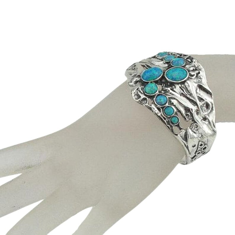 Hadar Designers Sterling Silver Blue Opal Cuff Bracelet Handmade Art (H 313b