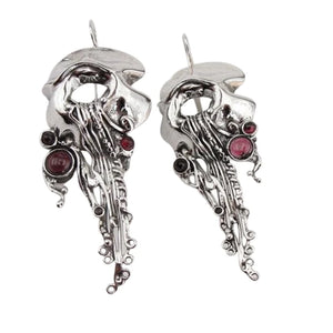Hadar Designers Red Garnet Earrings Handmade Long Dangle Sterling Silver (H 239)