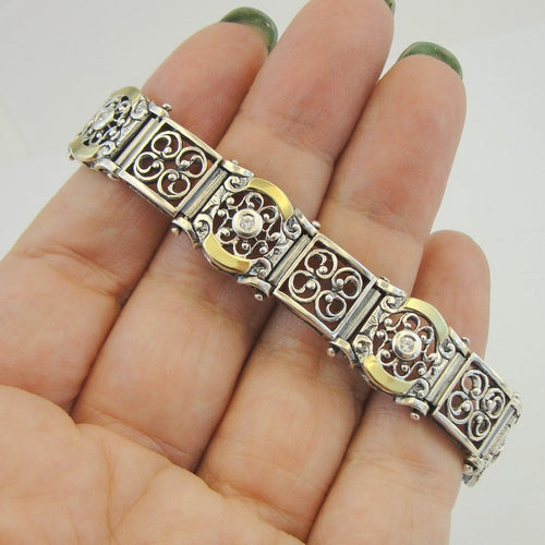 Hadar Designers Filigree Bracelet Handmade 9k Yellow Gold 925 Silver Zircon (Ms)