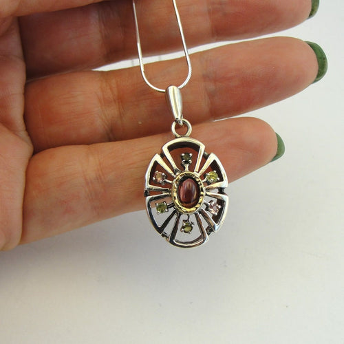 Hadar Designers Garnet Pendant 9k Yellow Gold 925 Sterling Silver Handmade (MS 1678