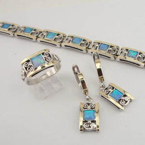 Hadar Designers Blue Opal Earrings, Ring, Pendant Gold Silver SET (S 2613