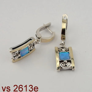 Hadar Designers Blue Opal Dangle Earrings, 9k Yellow Gold 925 Silver (S 2613)
