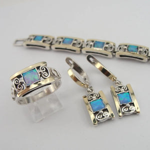 Hadar Designers Blue Opal Dangle Earrings, 9k Yellow Gold 925 Silver (S 2613)