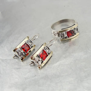 Hadar Designers Red Zircon Earrings, Ring, Pendant 9k Gold 925 Silver SET(S 2613