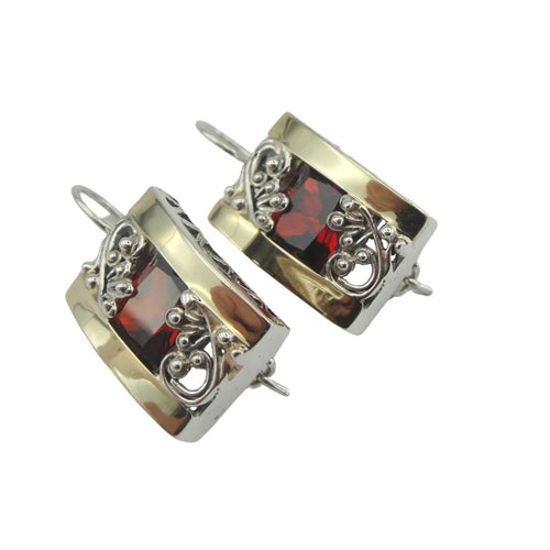 Hadar Designers Red Zircon Earrings 9k Yellow Gold Sterling Silver Handmade (S )