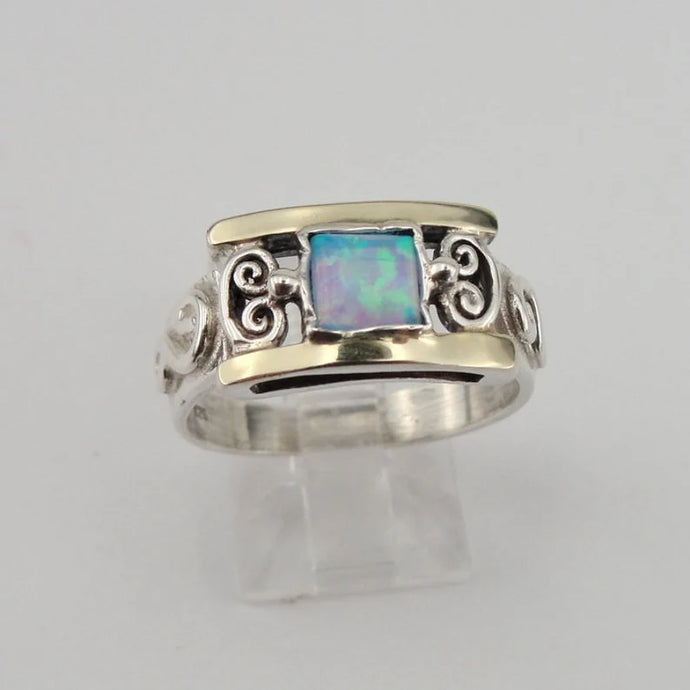 Hadar Designers Blue Opal Dangle Ring, 9k Yellow Gold 925 Silver 7,8,9, (S 2613)