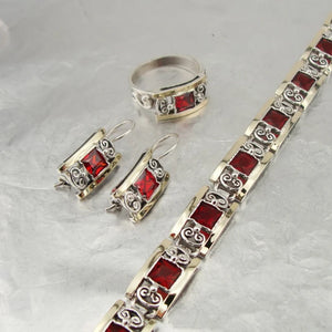 Hadar Designers Red Zircon Earrings, Ring, Pendant 9k Gold 925 Silver SET(S 2613