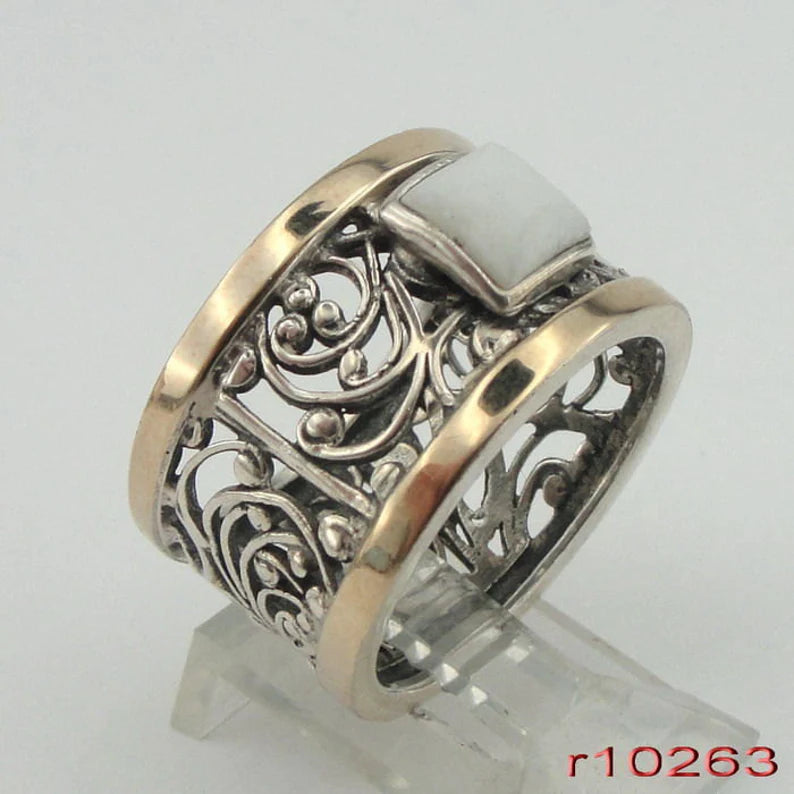 Hadar Designers MOP Filigree Ring 9k Yellow Gold 925 Silver 6,7,8,9 Handmade (S