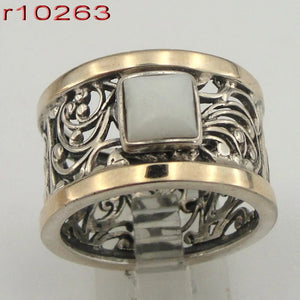 Hadar Designers MOP Filigree Ring 9k Yellow Gold 925 Silver 6,7,8,9 Handmade (S