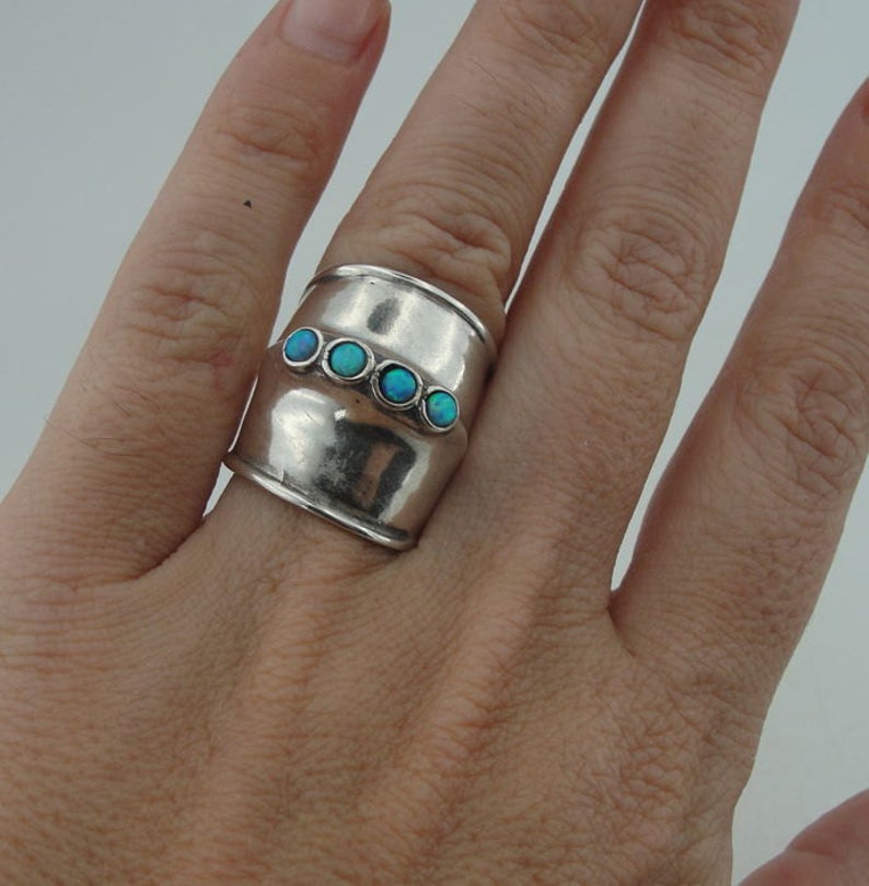 Hadar Designers Blue Opal Wide Ring 6,7,8,9,10 Handmade 925 Sterling Silver (H)y