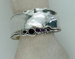 Hadar Designers Amethyst Cuff Bracelet 925 Sterling Silver Handmade Art (H 396)