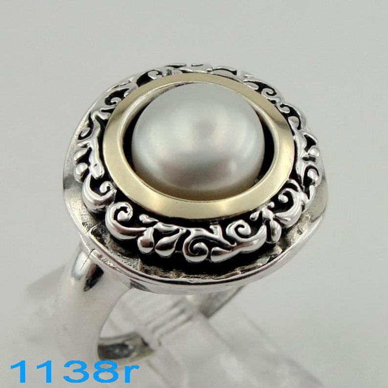 Hadar Designers 9k Yellow Gold 925 Silver White Pearl Ring, Handmade (Ms