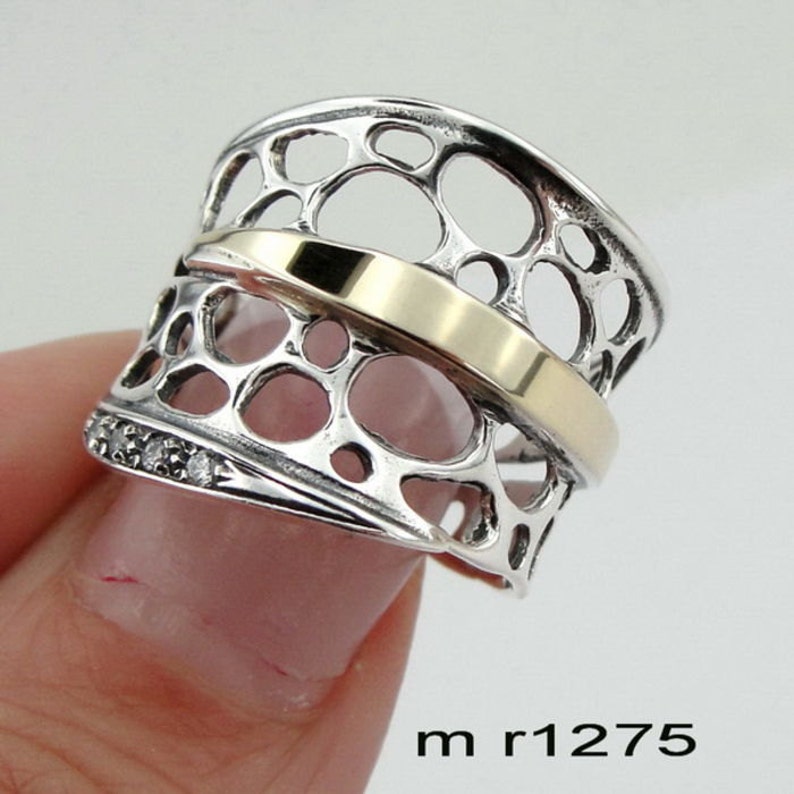 Hadar Designers 9k Yellow Gold 925 Silver Zircon Ring Israel Art 6,7,8,9,10 (Ms)