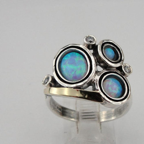 Blue Opal Ring 9k Yellow Gold 925 Silver 6.5,7,8,9 Handmade Hadar Designers  (MS)