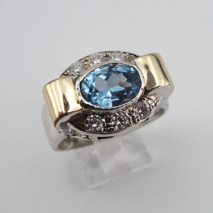 Hadar Designers Blue Topaz Ring 5,6,7,8,9 Handmade 9k Yellow Gold 925 Silver (S