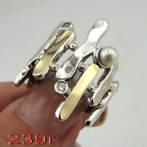 Hadar Designers 9k Yellow Gold 925 Silver Pearl Zircon Ring 6,7,8,9 Handmade (Ms