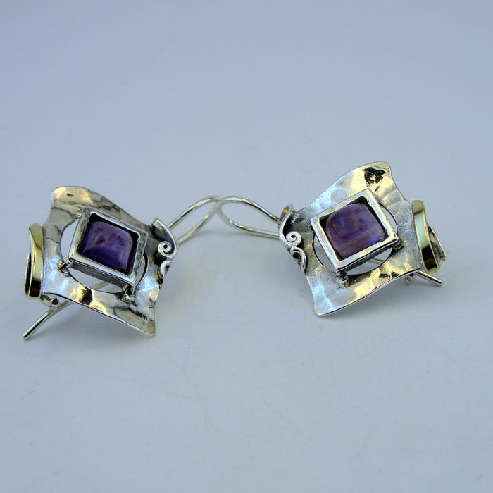 Hadar Designers Amethyst Earrings Handmade 9k Gold 925 Silver (MS 351)