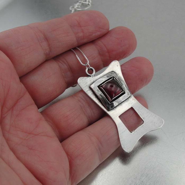 Hadar Designers Unique Handmade Modern Sterling Silver Garnet Pendant (H) SALE