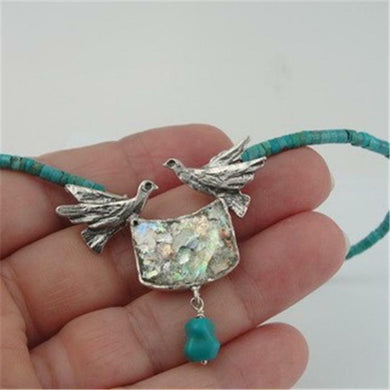Hadar Designer Handmade Sterling Silver Roman Glass Turquoise Bird Necklace (AS
