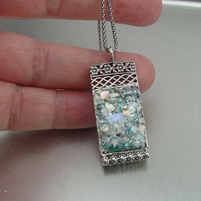 Hadar Designers Roman Glass Pendant Sterling Silver filigree Handmade (as 518311