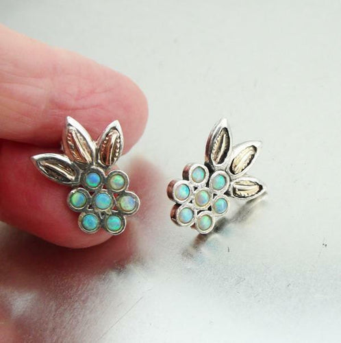 Hadar Designers Opal Yellow Gold 925 Silver Stud Earrings Handmade Floral ()SALE