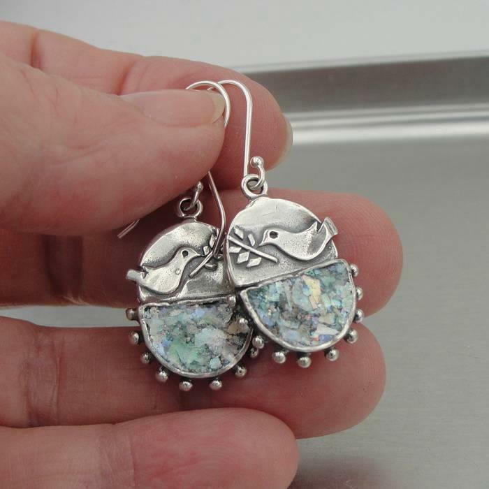 Hadar Designers Handmade Sterling Silver Antique Roman Glass Bird Earrings (as