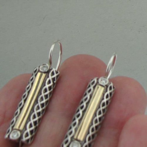 Hadar Designers 9K Yellow Gold Sterling Silver Long Earrings Zircon Handmade (MS