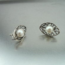 Load image into Gallery viewer, Hadar Designers Handmade Sterling Silver Leaf Real White Pearl Stud Earrings (V