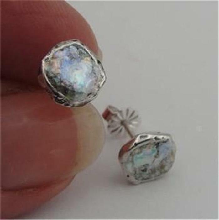 Hadar Designers Sterling Silver Antique Roman Glass Stud Earrings Handmade (AS43